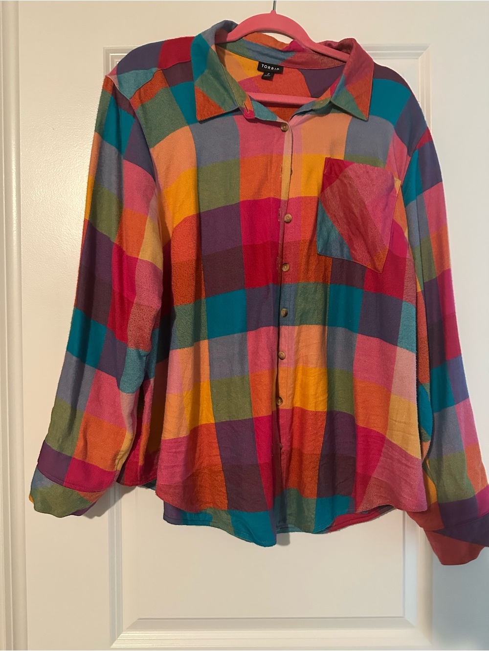 torrid Multicolor Plaid Button-Down Shirt - Pink, Teal, Purple, Yellow